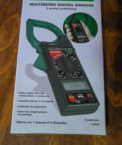 Multimetro Digital Gancho 3 Puntas Con Estuche 750 V Mide Voltaje Cd Y Ca, Temperatura Y Resistencia Pantalla Lcd De 3 172 Dígitos Indicador De Polaridad Boton Congelamiento De Pantalla