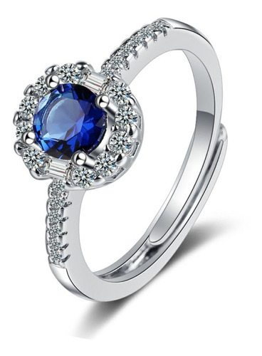 Anillo Ajustable Plateado Con Diamante Azul Flor Brillante