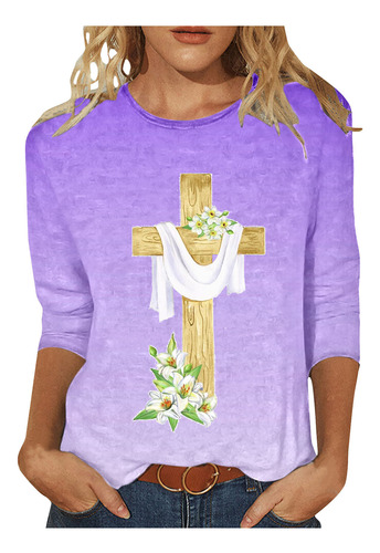 Camiseta J Para Mujer, Cuello Redondo, Estampado De Pascua,