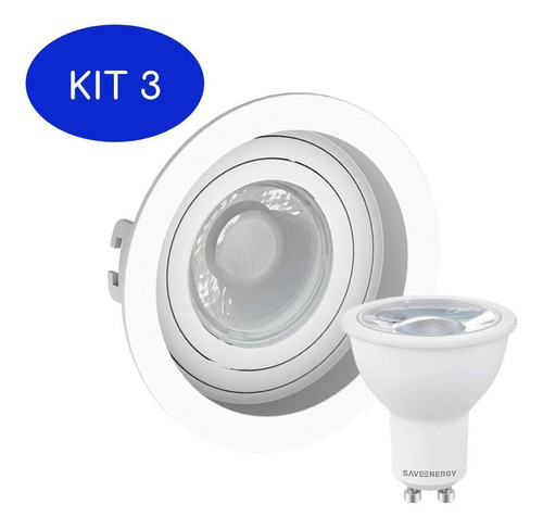 Kit 3 Spot Embutir Mr16 Bco+lâmpada Dicroica 4,8w 6500k