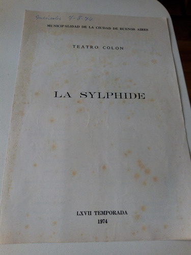Teatro Colón,  Programa 1974. La Sylphide 7 De Agosto