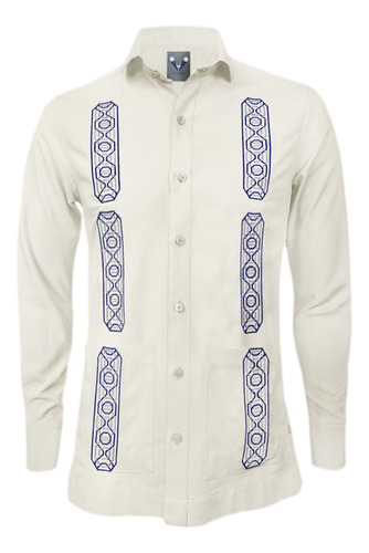 Camisa Guayabera Lino Marfil Bolsillos Bordada Manga Larga