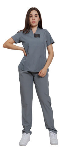 Scrub Dama Conjunto Quirúrgico Filipina Mao Corte Recto Gris Acero Lisa L