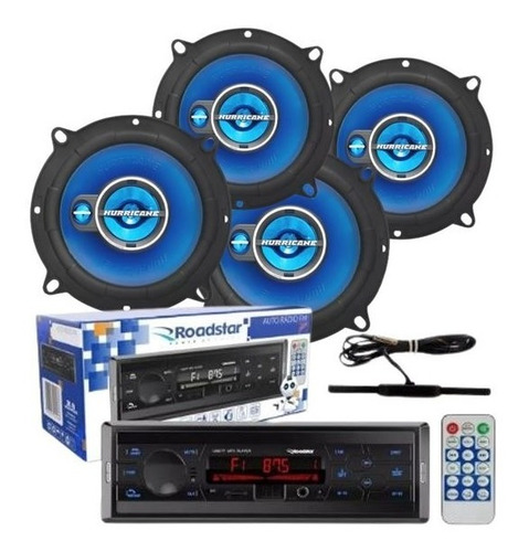 Kit 4 Alto Falantes 5' Hurricane + Rádio Bt Usb Aux + Antena