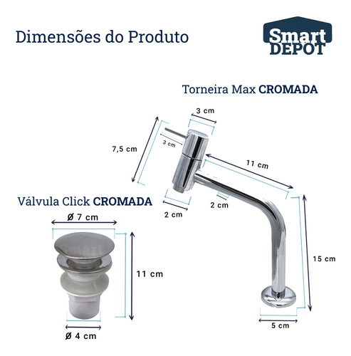 Kit Cuba Fit Louça + Torneira Max Cromado + Válvula Click