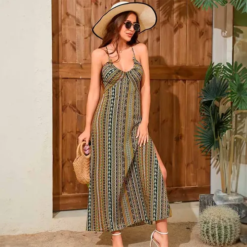Vestido Largo Con Tirantes Etnic Espalda Cruzada