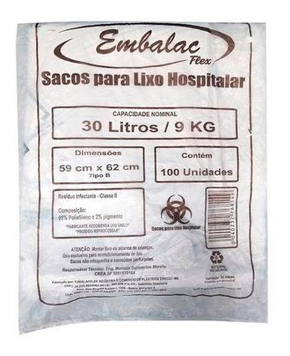 Saco De Lixo Infectante 30 Litros Branco Com 100 Unid