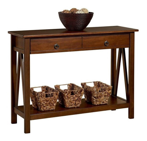 Mesa Consola De Madera Y Mdf Color Tabaco Doble Cajón Titian