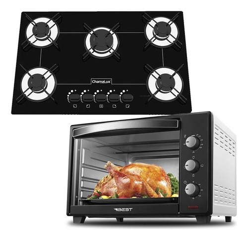 Fogão Cooktop 5 Bocas Preto + Forno De Eletrico 48 Litros 