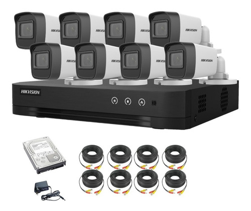 Kit 8 Camaras Seguridad Exterior + Dvr Hikvision Full Hd Lite + Disco + Cable O Balun