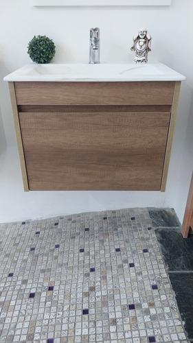 Vanitory Colgante 60 Melamina Texturada Bacha De Porcelanato Marrón Beige Un Agujero