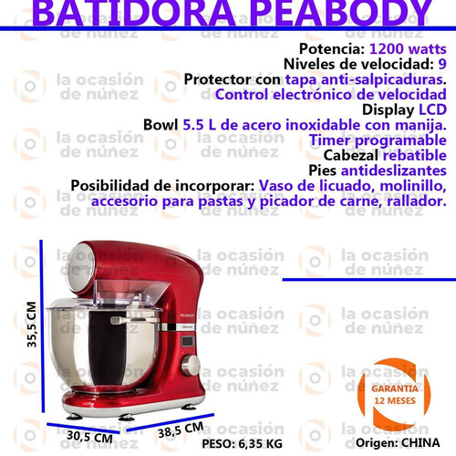 Imagen 2 de 7 de Batidora De Mesa Peabody 1200w Planetaria Amasa Mezcla
