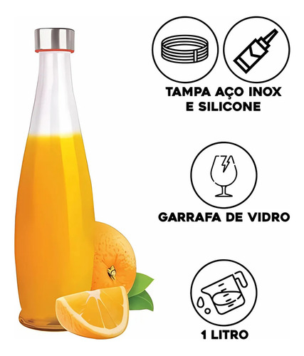 Garrafa Água Suco Vidro Tampa Geladeira 1 Litro Transparente Davely