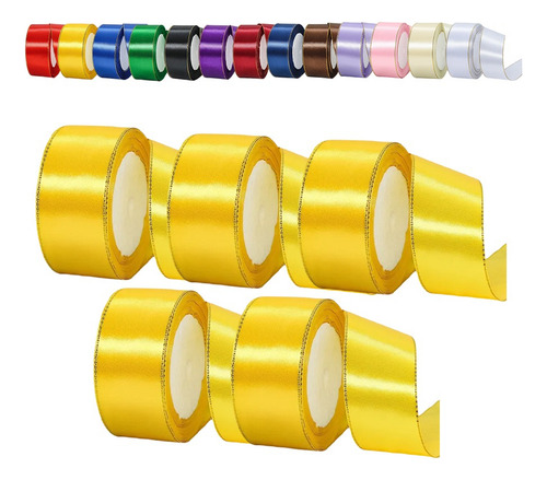 5 Rollos De Liston Decorativa Con Borde Dorado 4cm 112,5 M
