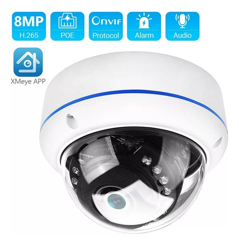 Câmera De Segurança Dome H.265 48v Poe Ip Onvif De 8 Mp