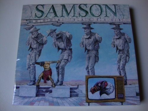 CD de Samson Shock Tactics con funda de Bruce Dickinson