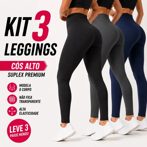 Kit 3 Calca Suplex Feminina Lisa Cos Alto Moda Fitness