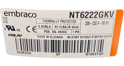 Nt6222gkv Compresor Embraco 1 Hp R404 M/hbp 220/1 Fase/60hz