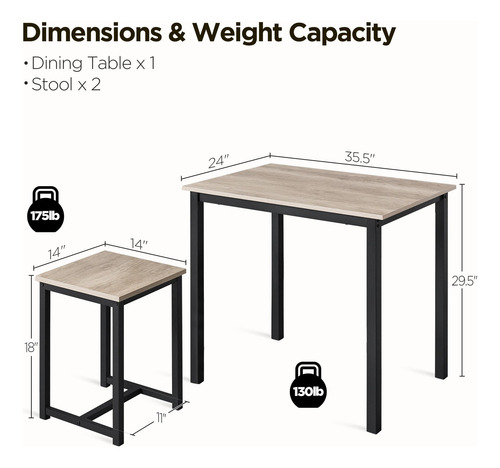 Juego De Mesa De Comedor 3 Piezas Para 2 Personas Color Gris
