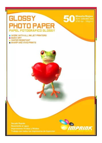 Papel Fotografico Glossy Brillante A3+(33x48) 180gr/50 Hojas