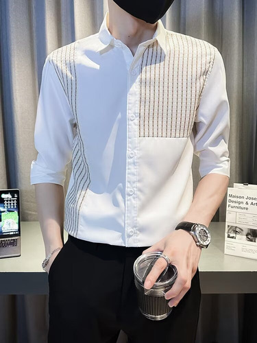 Camisa De Manga Corta Con Bloques De Color Para Hombre, Casu