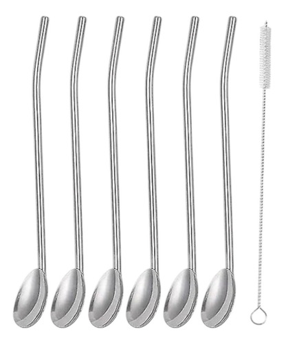 Pack 6 Bombillas Cucharas De Acero Reutilizables Mas Cepillo