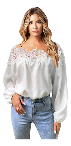 Blusa Elegante Con Mangas Farol De Moda Cuello Encaje Hueco