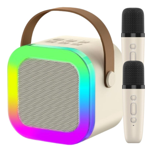 Caixinha Som Karaokê Infantil C/ 2 Microfone Bluetooth S/fio Creme