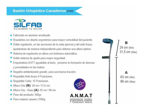 Imagen 6 de 9 de Baston Canadiense Doble Regulacion Para Adulto - Aluminio -