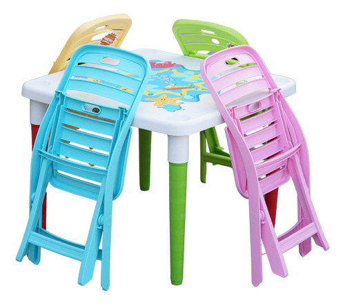 Kit Mesa Infantil Juego Desarmable + 4 Sillitas Plegables Color Mesa Blanca - Sillas Colores