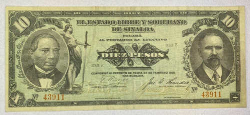 Estado De Sinaloa 10 Pesos De 1914 Casi Sin Circular !