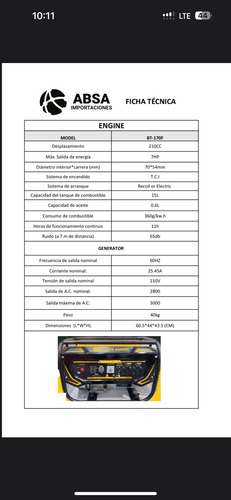 Generador 3000 Watts A Gasolina