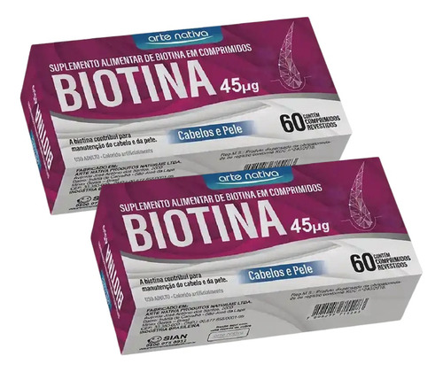 Kit 2 Biotina 45mcg Cabelos Pele Arte Nativa 60 Comprimidos Sabor Sem Sabor