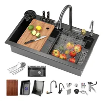 Comprar Hogarico Fregadero De Cocina 75x45cm,Tarjas Para Cocina Acero Inoxidable Negro Lavabo Cuadrada con Arandela De Copa\u002FGrifo Extraíble En Cascada\u002FCesto Escurridor\u002FCuchillero(Negro)