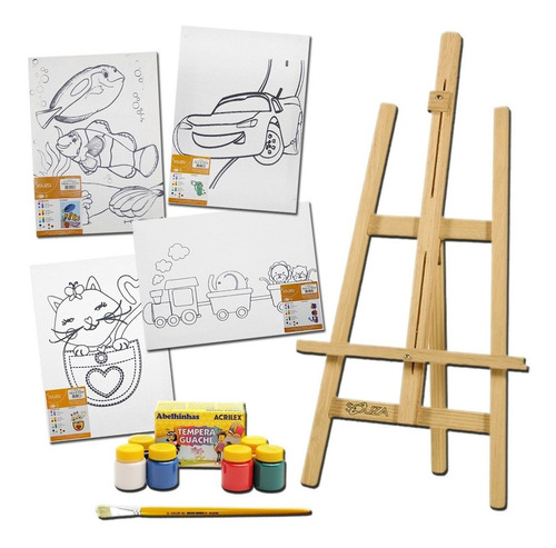 Imagem 1 de 10 de Kit 4 Telas Riscadas + Cavalete 75cm Souza Pincel Guache
