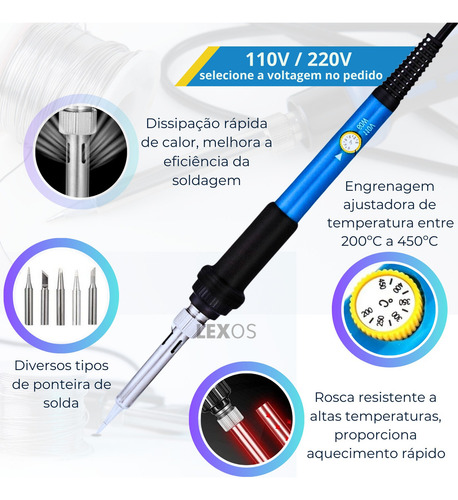 Kit Ferro De Solda 60W Estanho Com Fluxo De Solda 6 Pontas Esponja e Suporte Com Regulagem De Temperatura Profissional 220 Volts