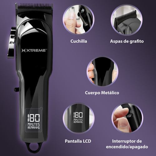 Máquina Cortadora de Cabello y Barba Xtreme Pro Inalámbrica con Pantalla LCD, 6 Peines y Estuche de Viaje