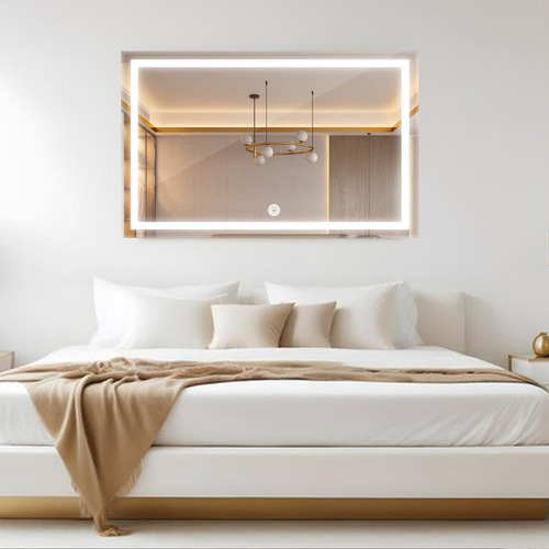 Espelho Grande Retangular Jateado Com Led 100x90 Cm Lapidado Moldura Frio