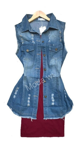 vestido canelado com colete jeans