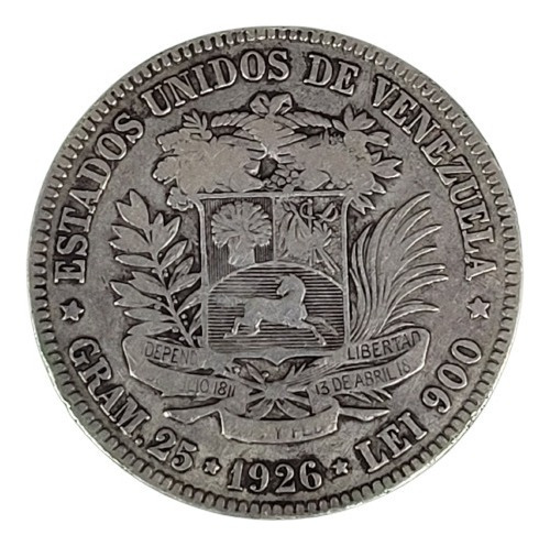 Moneda Venezuela 25 Gramos Plata Le 900 Año 1926 5 Bolívar