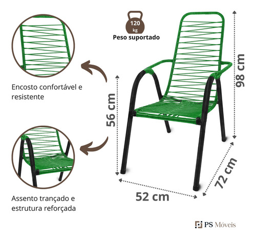 Kit 4 Cadeiras Fio Jardim Area de Lazer Varanda Quintal Externa Predio Colorida Cor Verde Ps Móveis