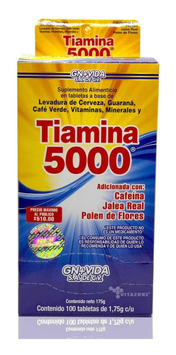 Imagen 1 de 6 de Tiamina 5000 Cafeína Jalea Real Guaraná 100 Tabletas Gn+vida