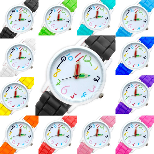 12x Reloj De Silicon Mujer Maestra Lapiz + Colores Escuela