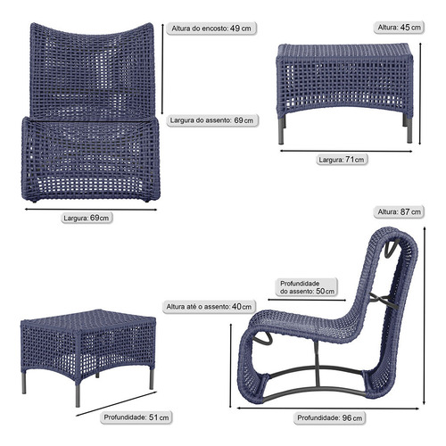 1 Poltrona E Mesa Texas Alumínio Preto Corda Náutica Trama Estrutura Azul