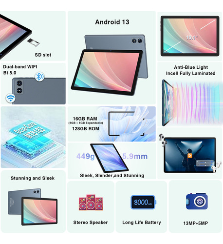 2024 Tablet 10 Pulgadas JUSYEA J6 Android 13 16GB RAM+128GB Memoria Rápida Octa-Cores Súper WiFi 65G+2.4G BT 5.0 13MP+5MP 8000mAh con Funda Teclado y Ratón Gris