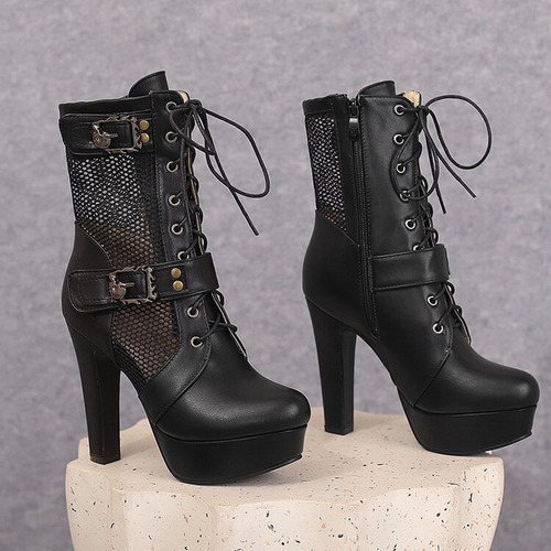 Botas De Malla Con Cordones Para Mujer, Tacones De Plataform