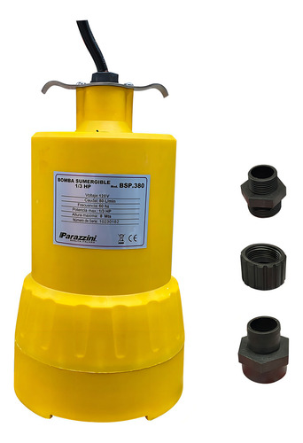 Bomba Sumergible Parazzini 1/3hp 127V 16 metros de alto caudal de 80L/min color amarillo