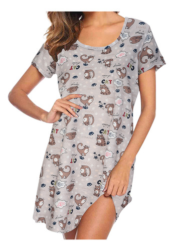 Vestido De Pijama Estampado De Manga Corta Con Cuello Redond