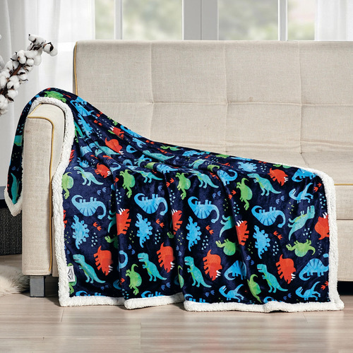 Manta Reversible Sherpa Azul Dinosaurio 127 X 152 Cm Ultrasu