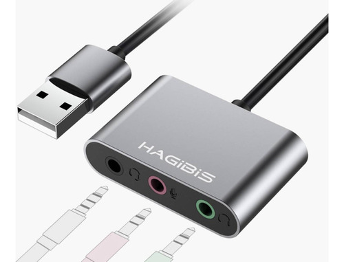 Tarjeta de sonido externa Audio P2/USB, adaptador para auriculares y micrófono, color plateado